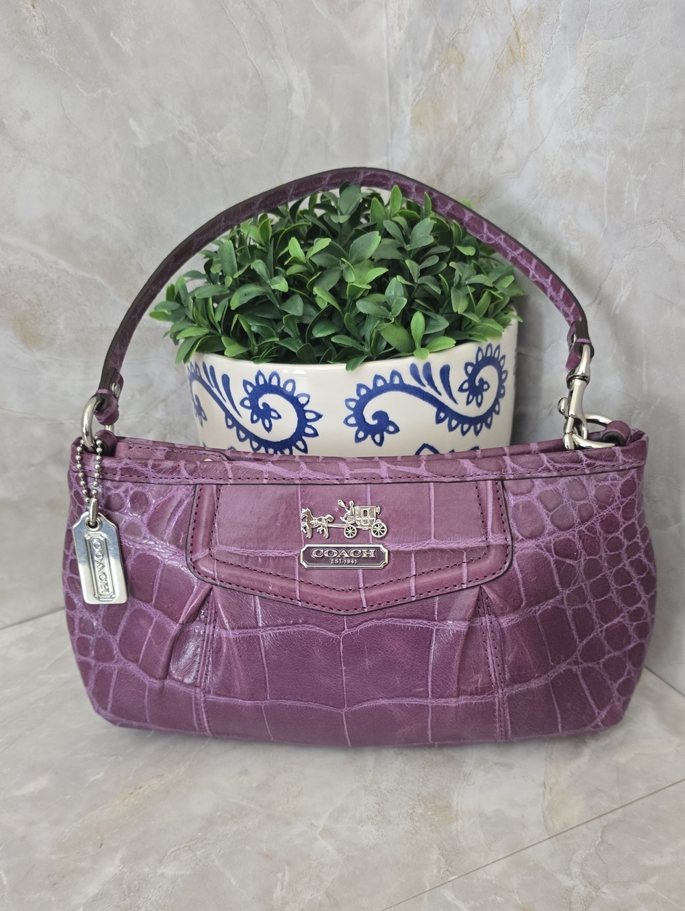 Vintage Coach Madison Exotic Croc-Embossed Leather Wristlet Bag Plum Purple